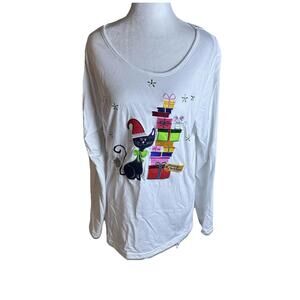 Blair Christmas Embroidery Kitty Cat Long Sleeve Holiday Festive Teacher Sz XL